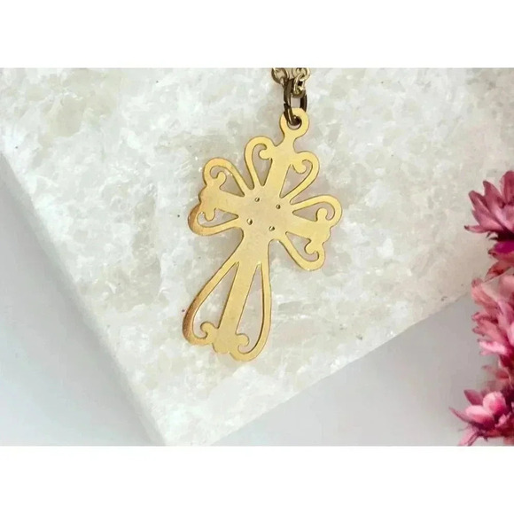 Gold Toned Ornamental Cross Pendant Necklace - 14" - Picture 1 of 8